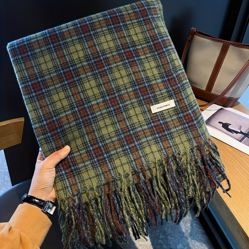 Cashmere Scarf Wrap - Vintage zielony szalik w kratę z
