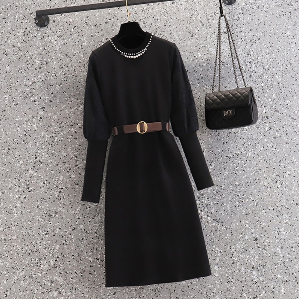 Winter Clothing For Plus Size Women - Eleganckie sukienki dzianinowe z koralikami, łączone,